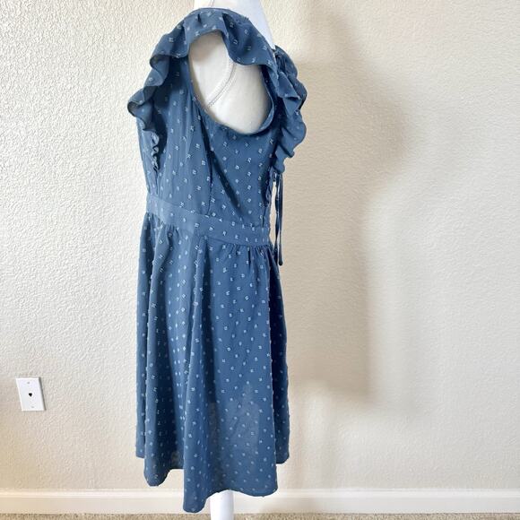Loemes Floral Fit & Flare Dress Womens Size Large Blue Ruffle Strap Textured - Picture 11 of 15